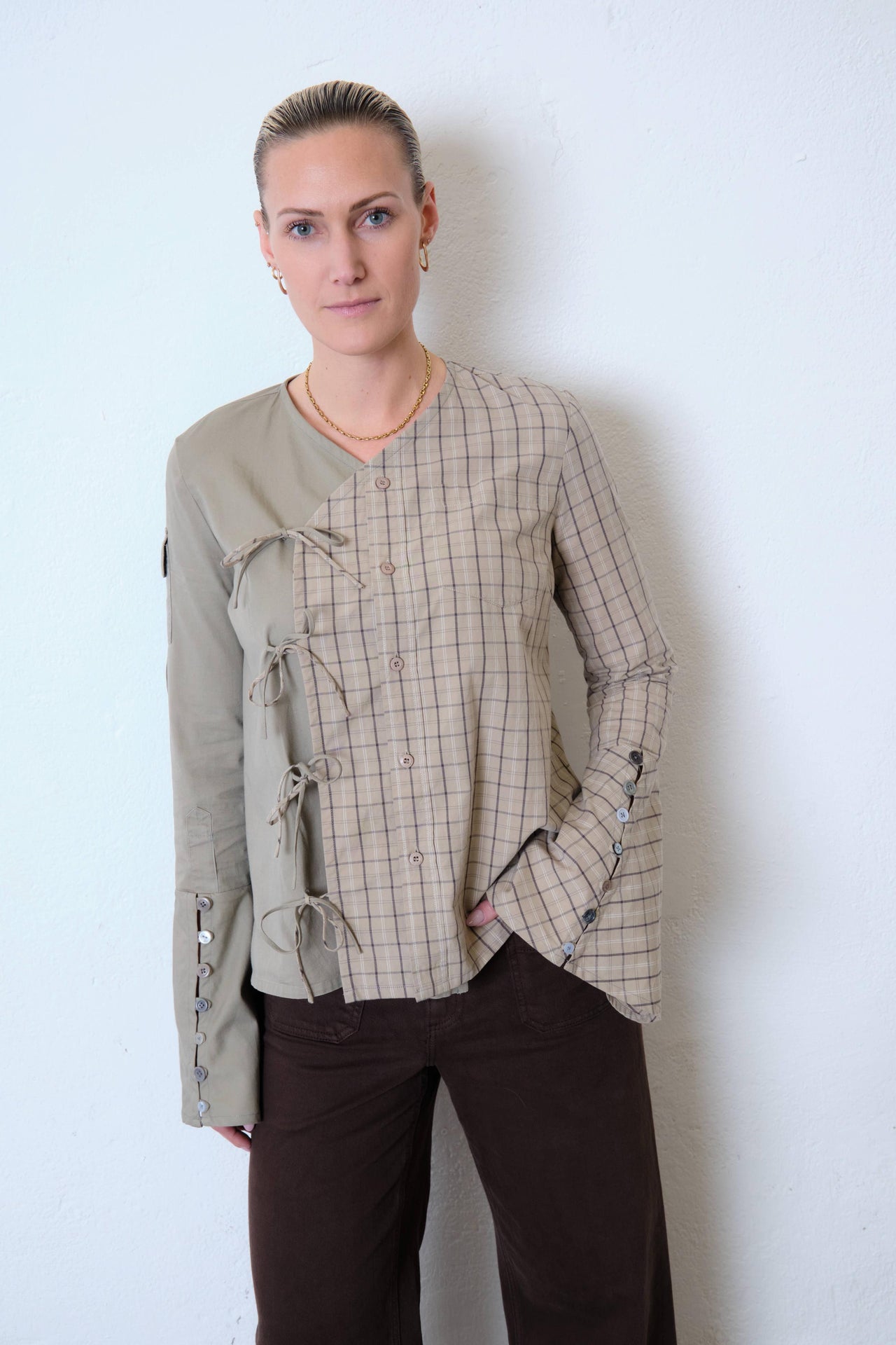 Upcycled Neutral Grey Checks Top (L)