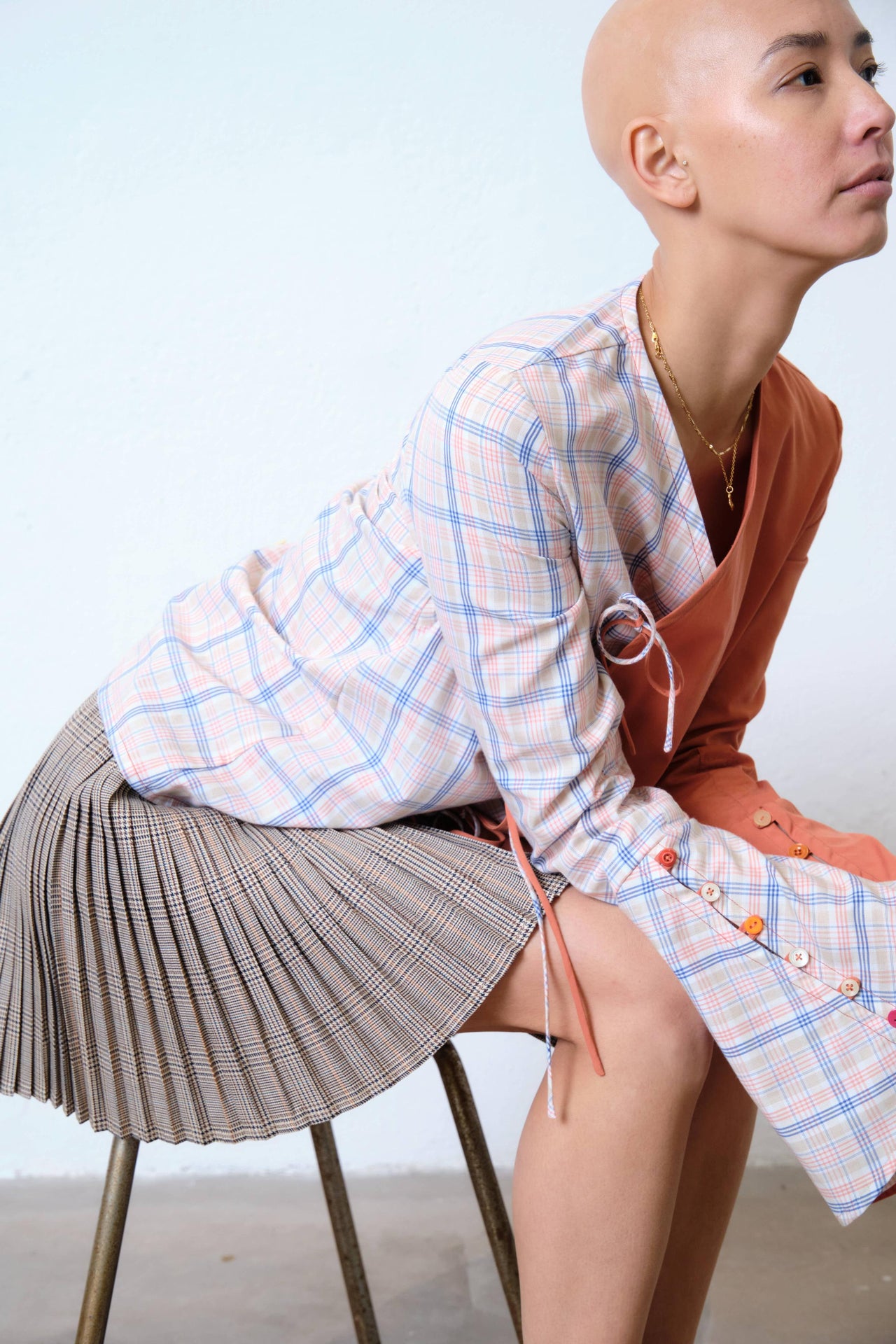 Upcycled Orange and Plaid Top (S)