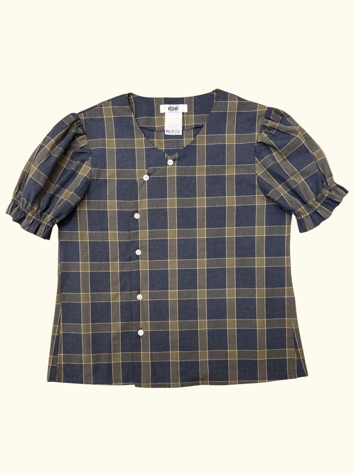 Tartan Dolly grey and olive cotton puff sleeve blouse by Kazuki, front view with asymmetric button line