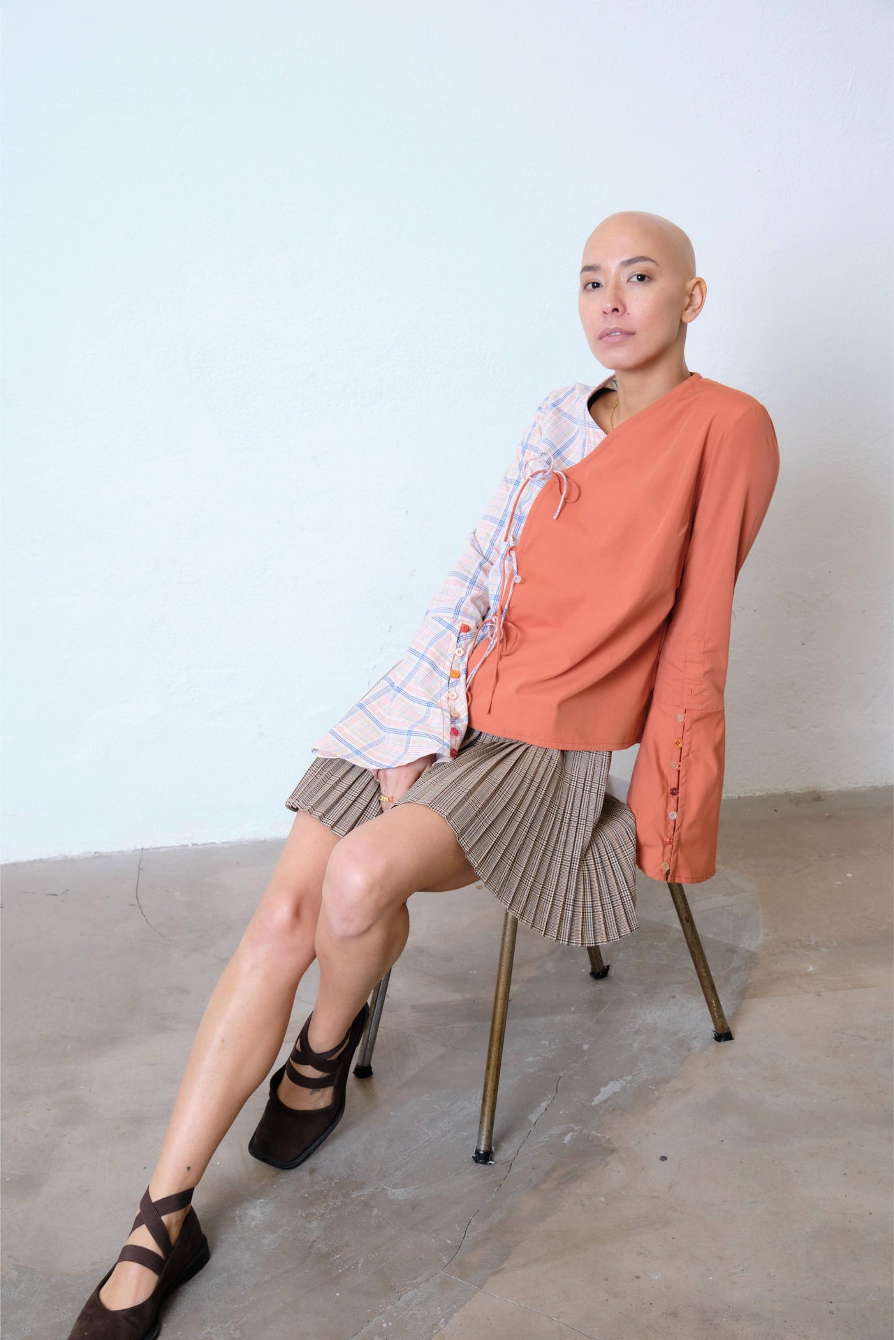 Upcycled Orange and Plaid Top (S)