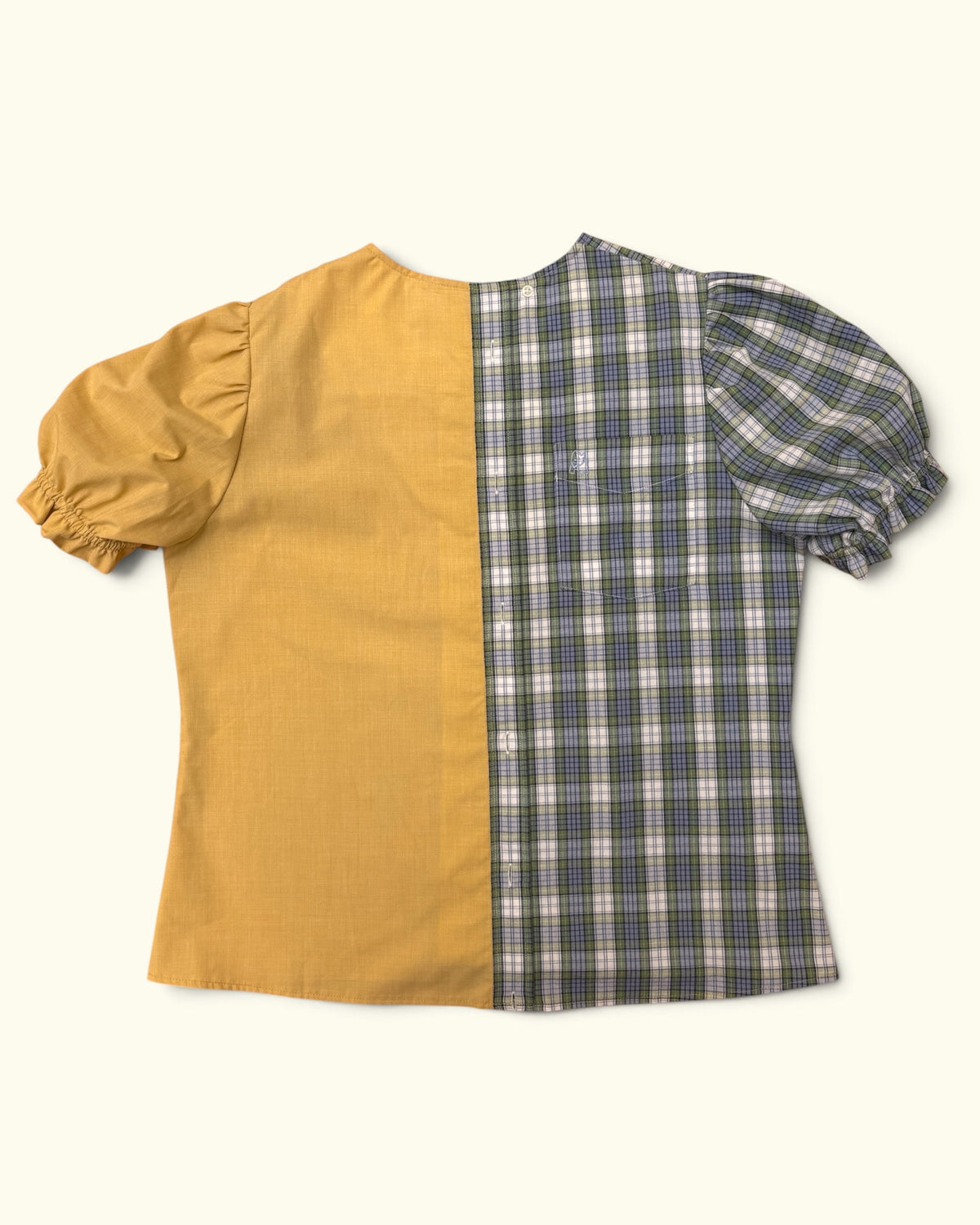The Honey & tartan one-of-a-kind upcycled wrapblouse by Kazuki, back view showing the original shirt placket and pocket
