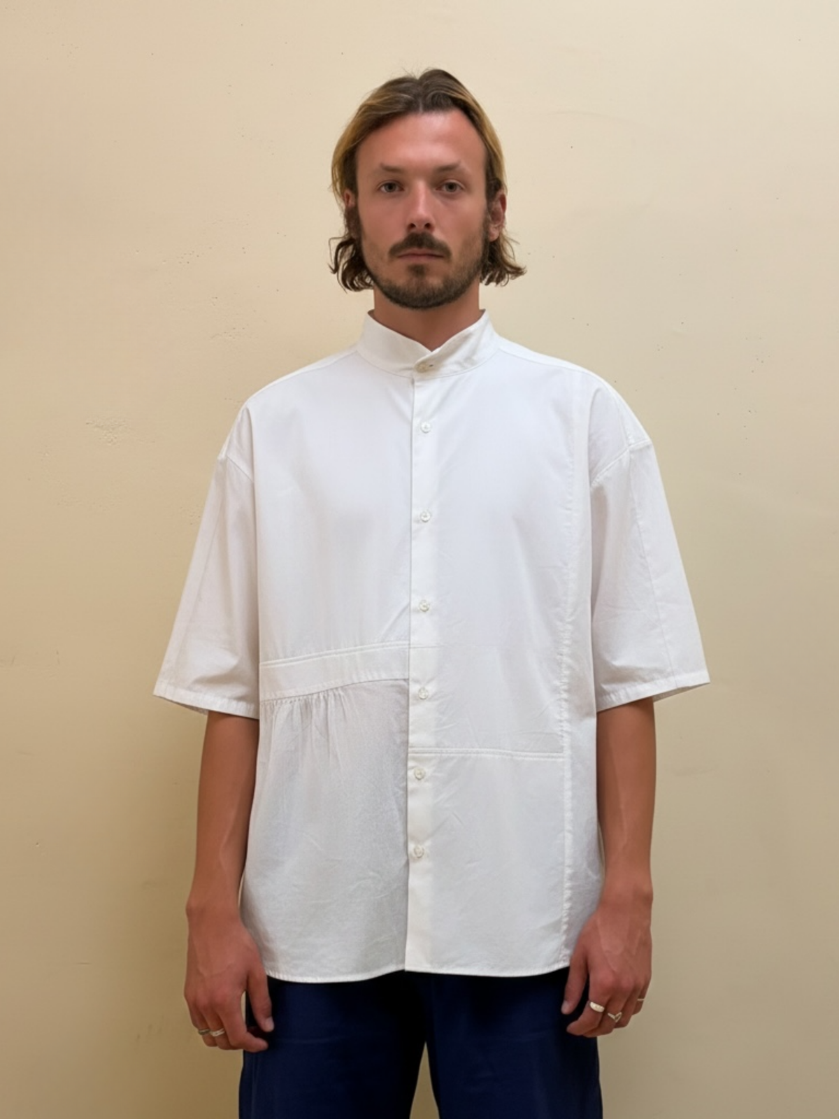 The Blank Canvas One white upcycled patchwork shirt by Kazuki, front view