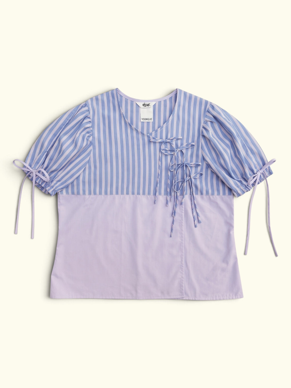 The blue & Lilac One upcycled cotton blouse by Kazuki, front view with blue striped yoke, lilac body and bow ties