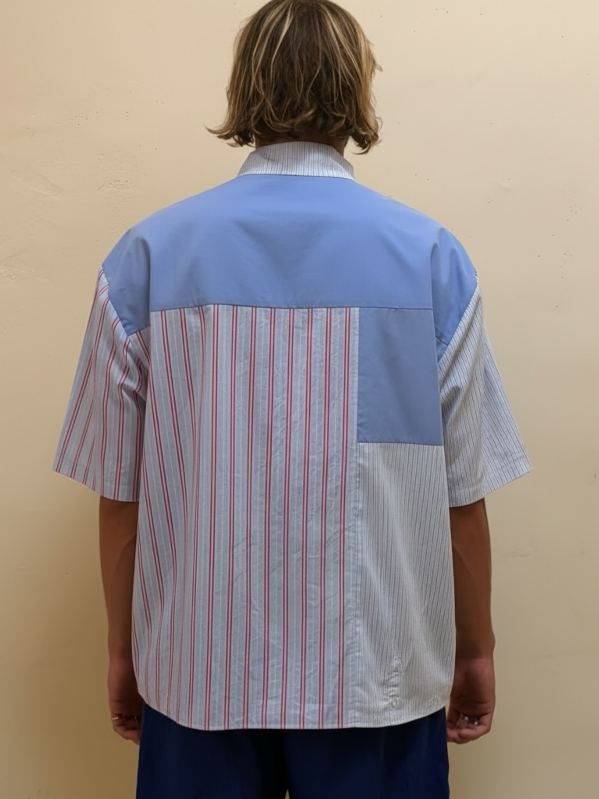 The Blue Rhythm One blue striped upcycled patchwork shirt, back view