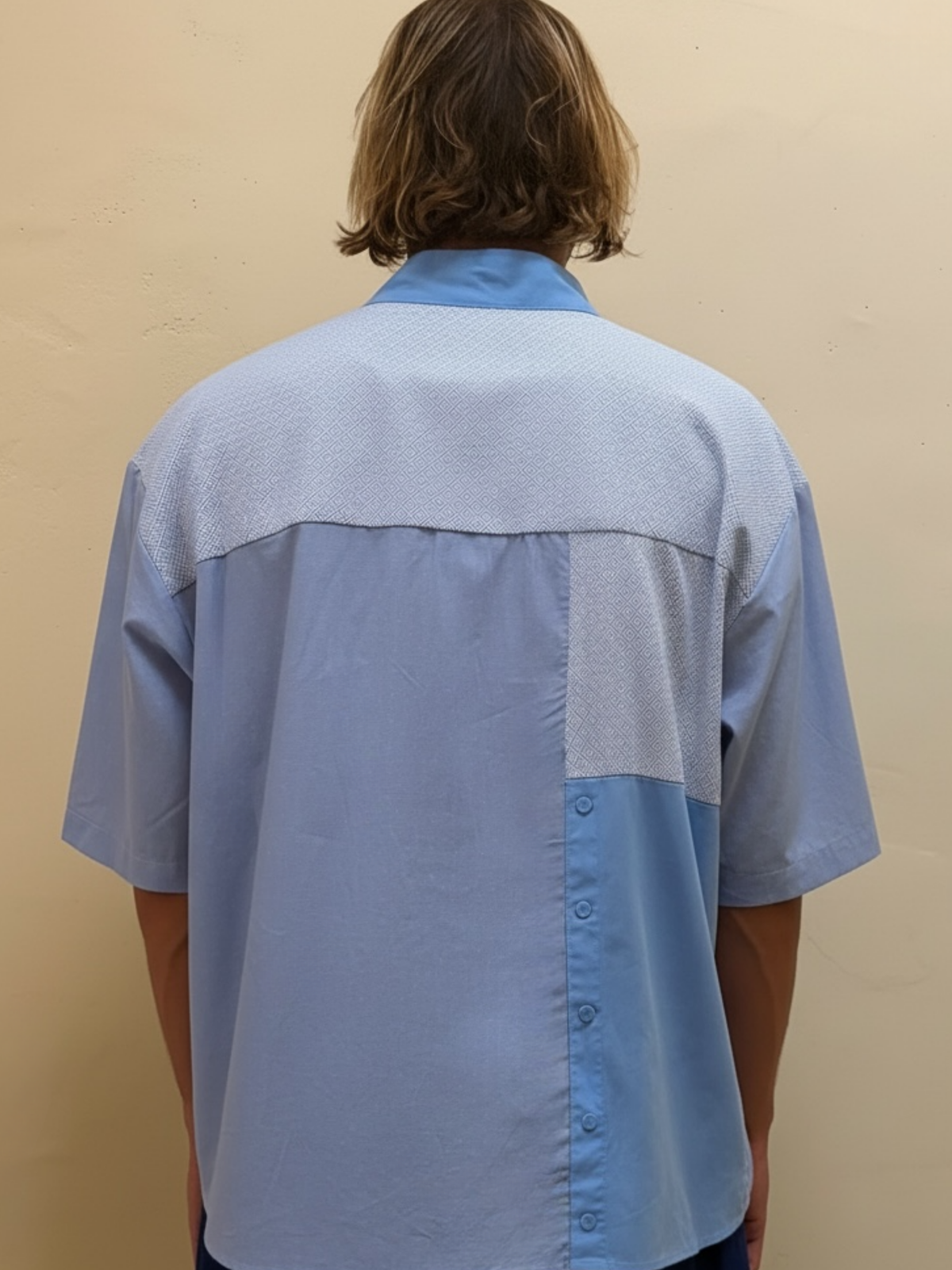The Blue Mosaic One blue upcycled patchwork shirt with contrasting back panels