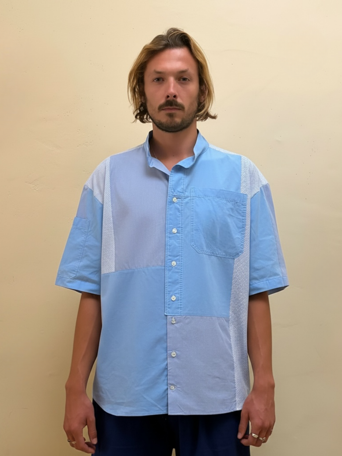 The Blue Mosaic One blue upcycled patchwork shirt with chest pocket, front view