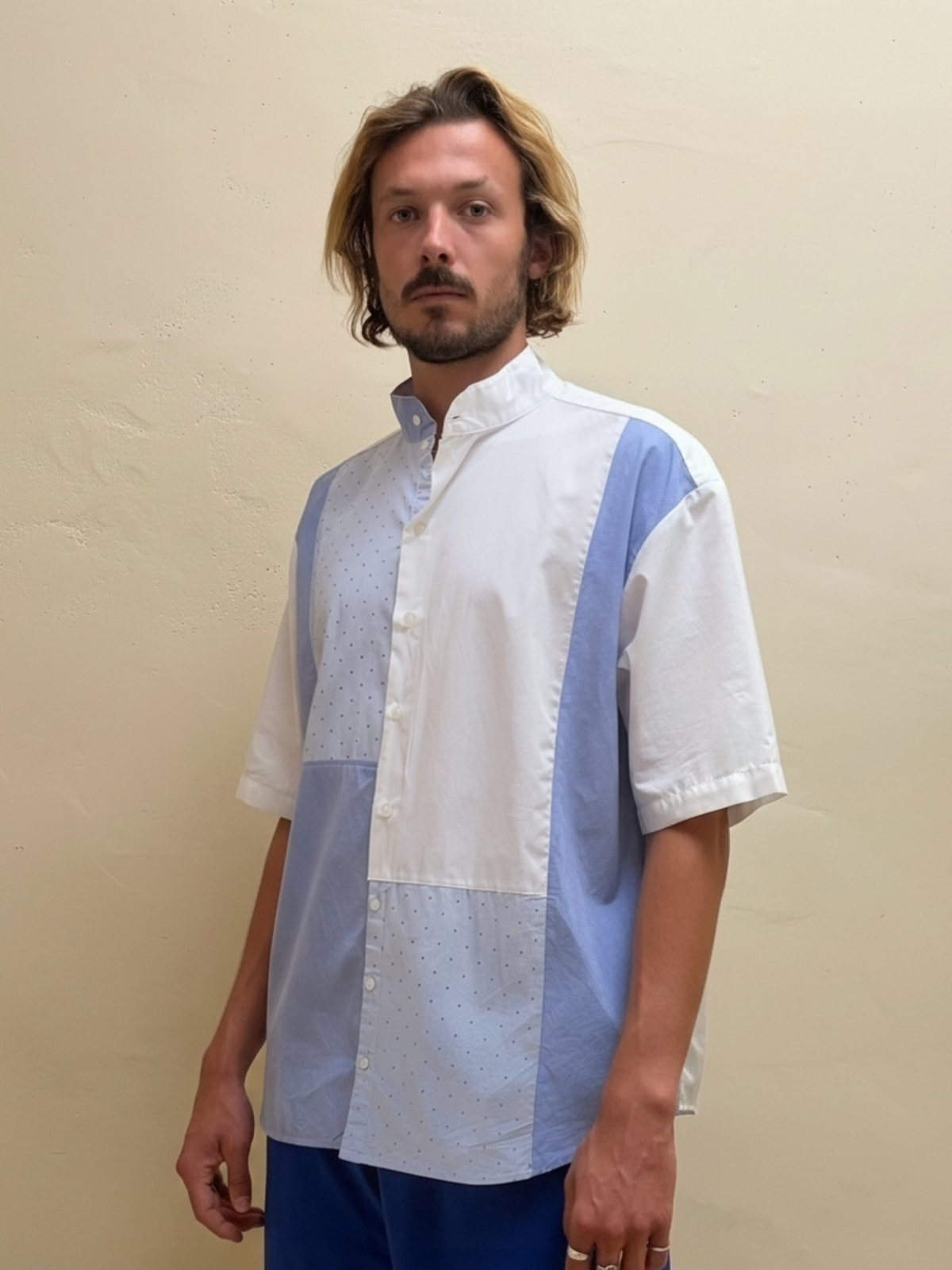 The Soft Sky One blue and white upcycled patchwork shirt with back pocket, front view