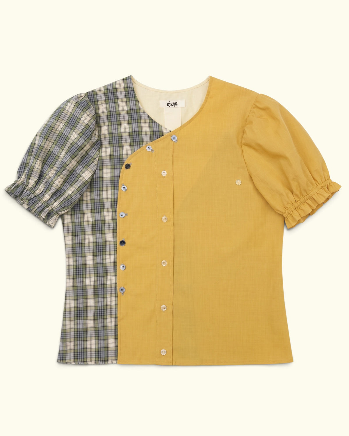 The Honey & tartan One mustard yellow and green plaid upcycled blouse by Kazuki, front view with mismatched buttons
