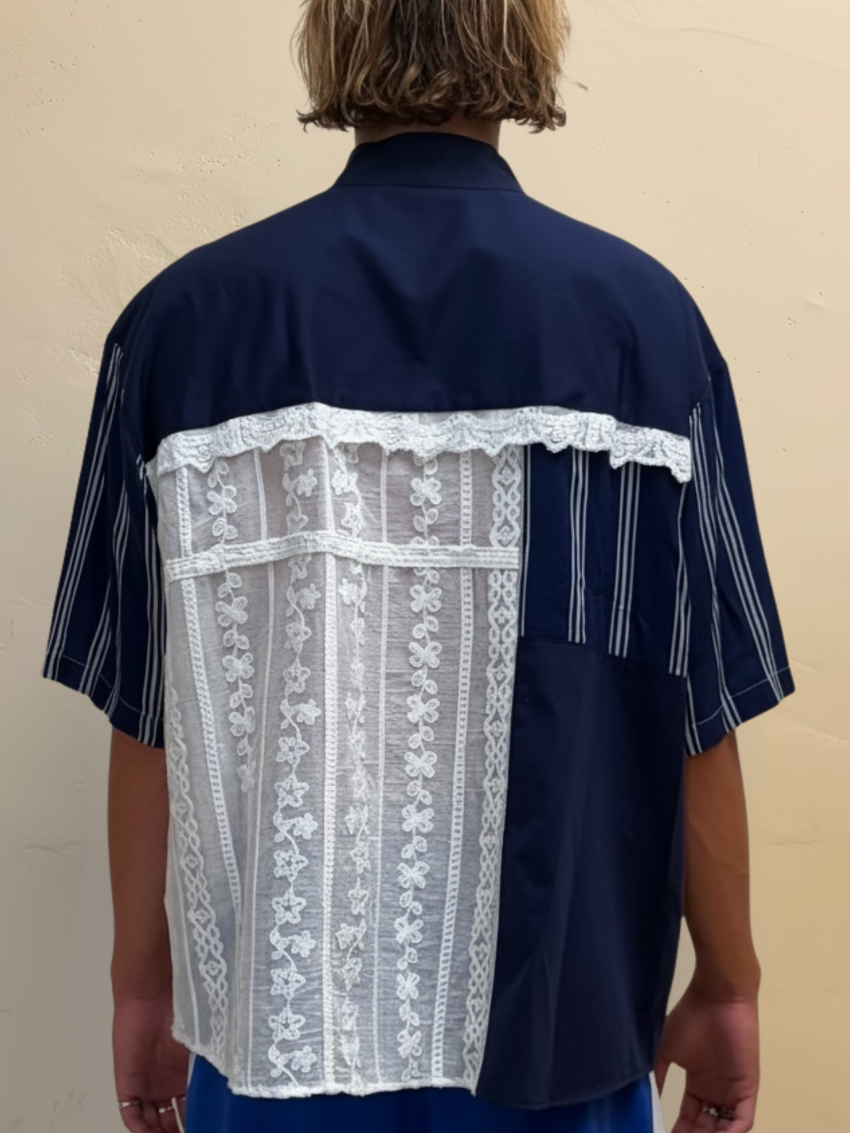 The Midnight Lace One navy upcycled shirt with large white lace back panel
