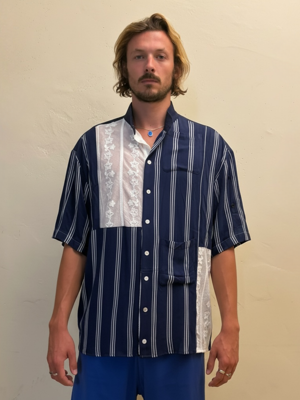 The Midnight Lace One navy striped upcycled shirt with lace panels, front view