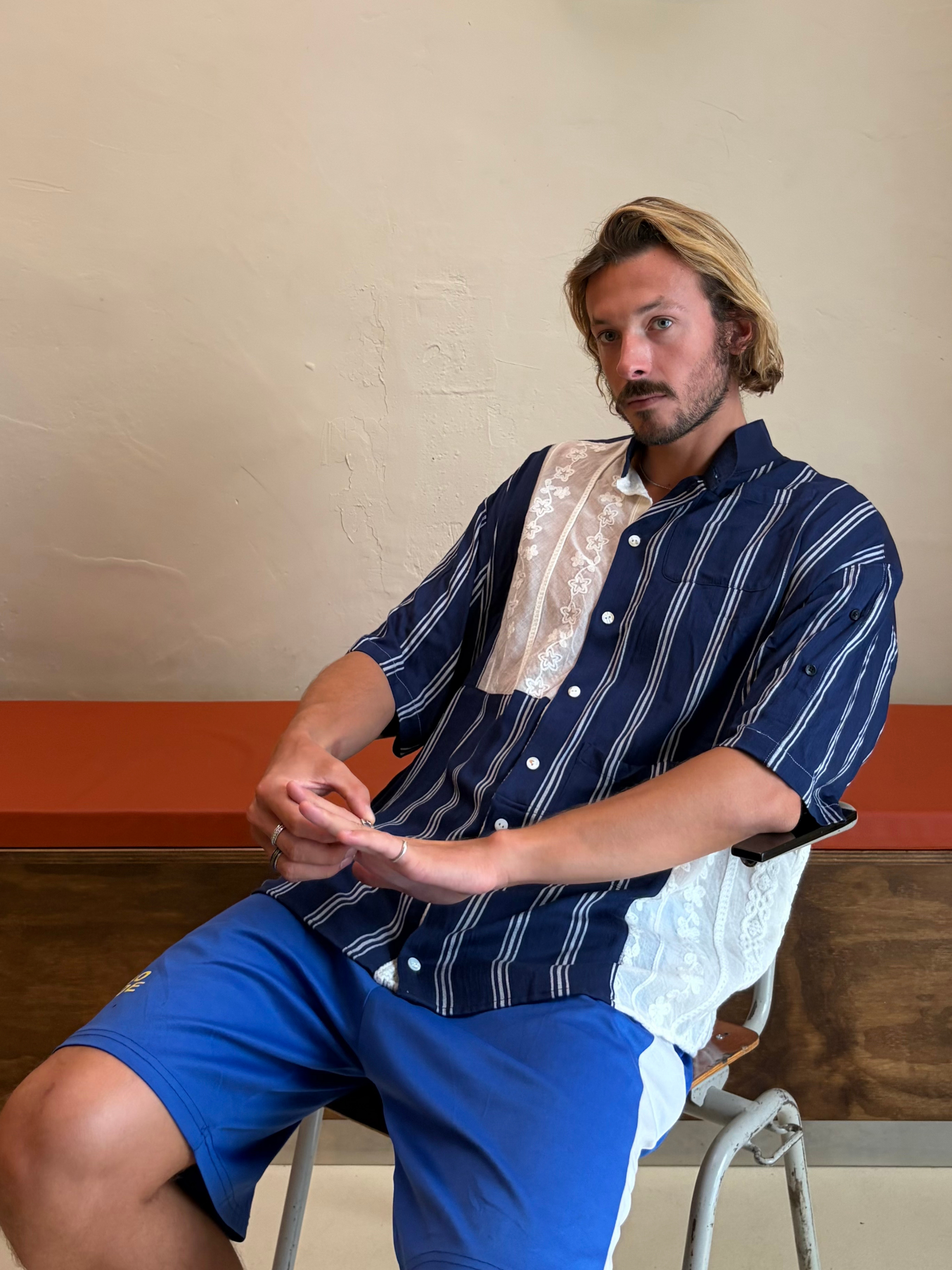 Model wearing The Midnight Lace One navy upcycled shirt with white lace by Kazuki
