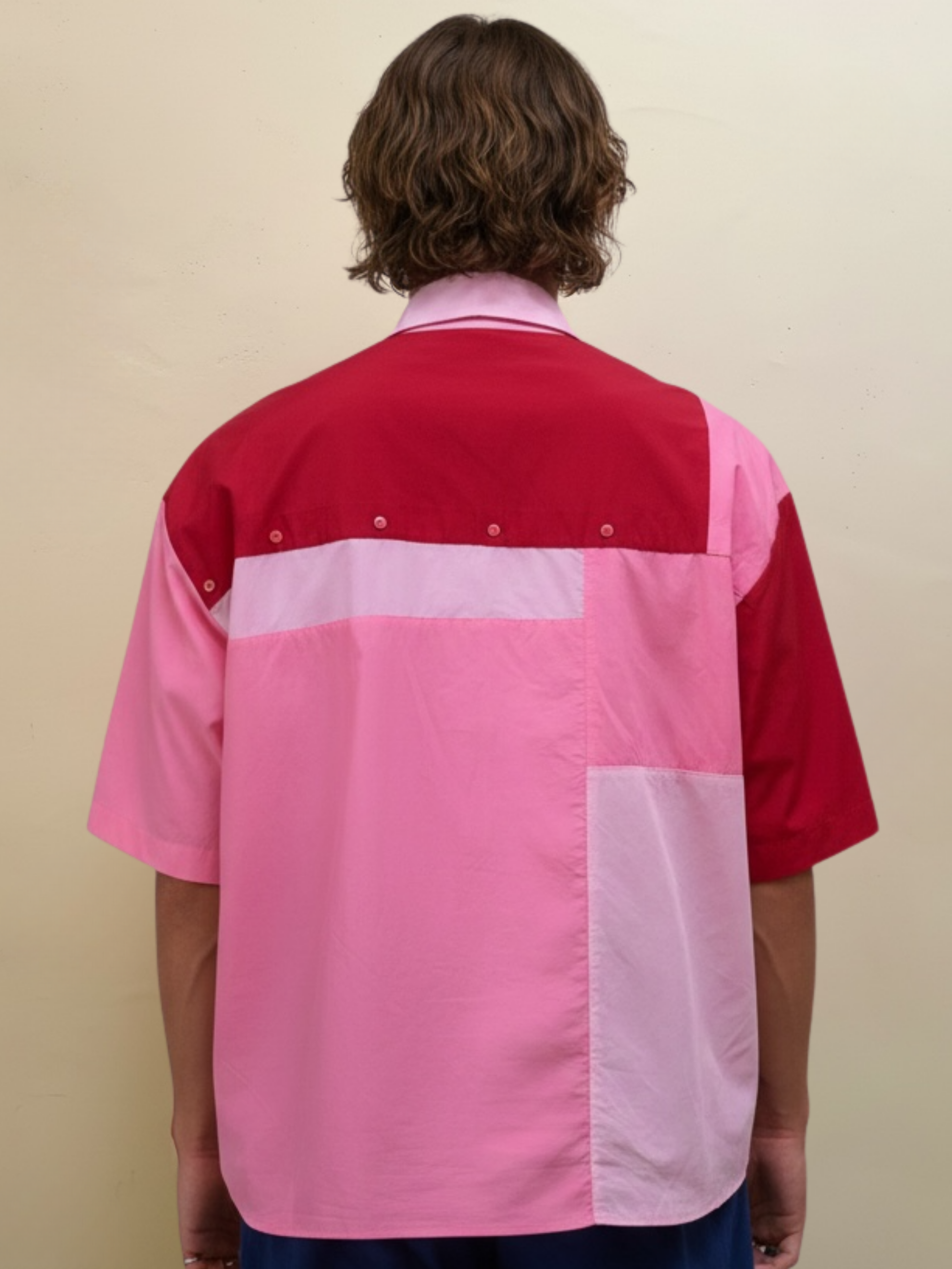 The Pink Collision One pink and red upcycled patchwork shirt by Kazuki, back view