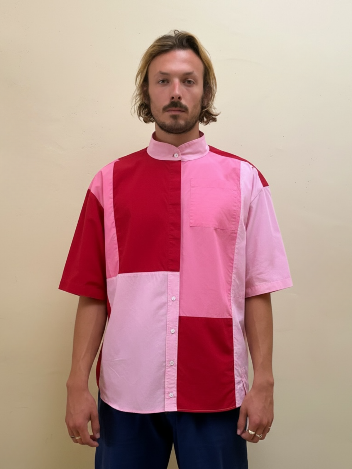 The Pink Collision One pink and red upcycled patchwork shirt by Kazuki, front view