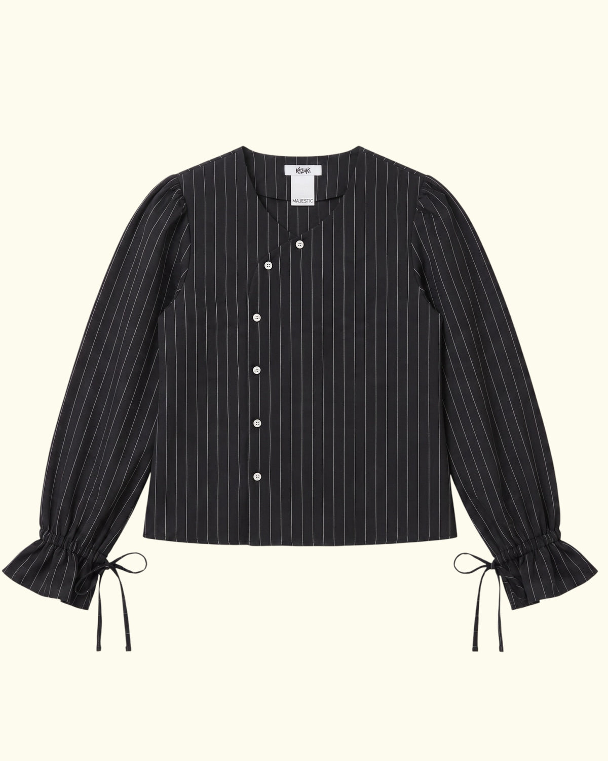 Pinstripe Dolly Long puff Sleeve black wool blouse by Kazuki, front view with asymmetric button line and ruffled tie cuffs