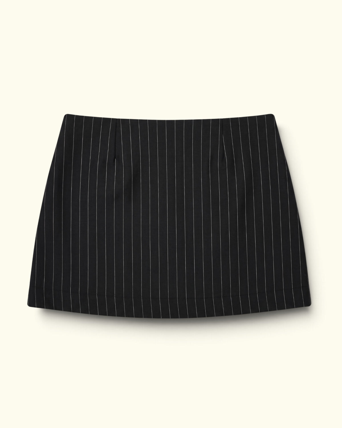 Pinstripe Wrap Skirt black wool mini skirt by Kazuki, back view with shaping darts