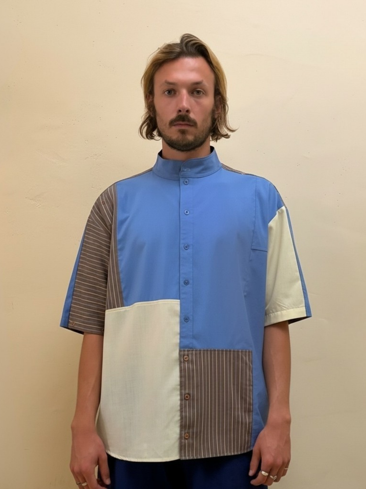 The Sand & Sky One blue and beige upcycled patchwork shirt by Kazuki, front view