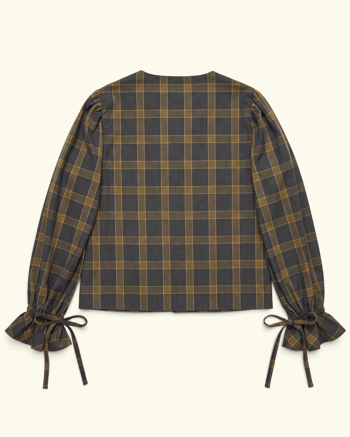 Tartan Dolly Long Sleeve grey and olive cotton blouse by Kazuki, back view with long puff sleeves
