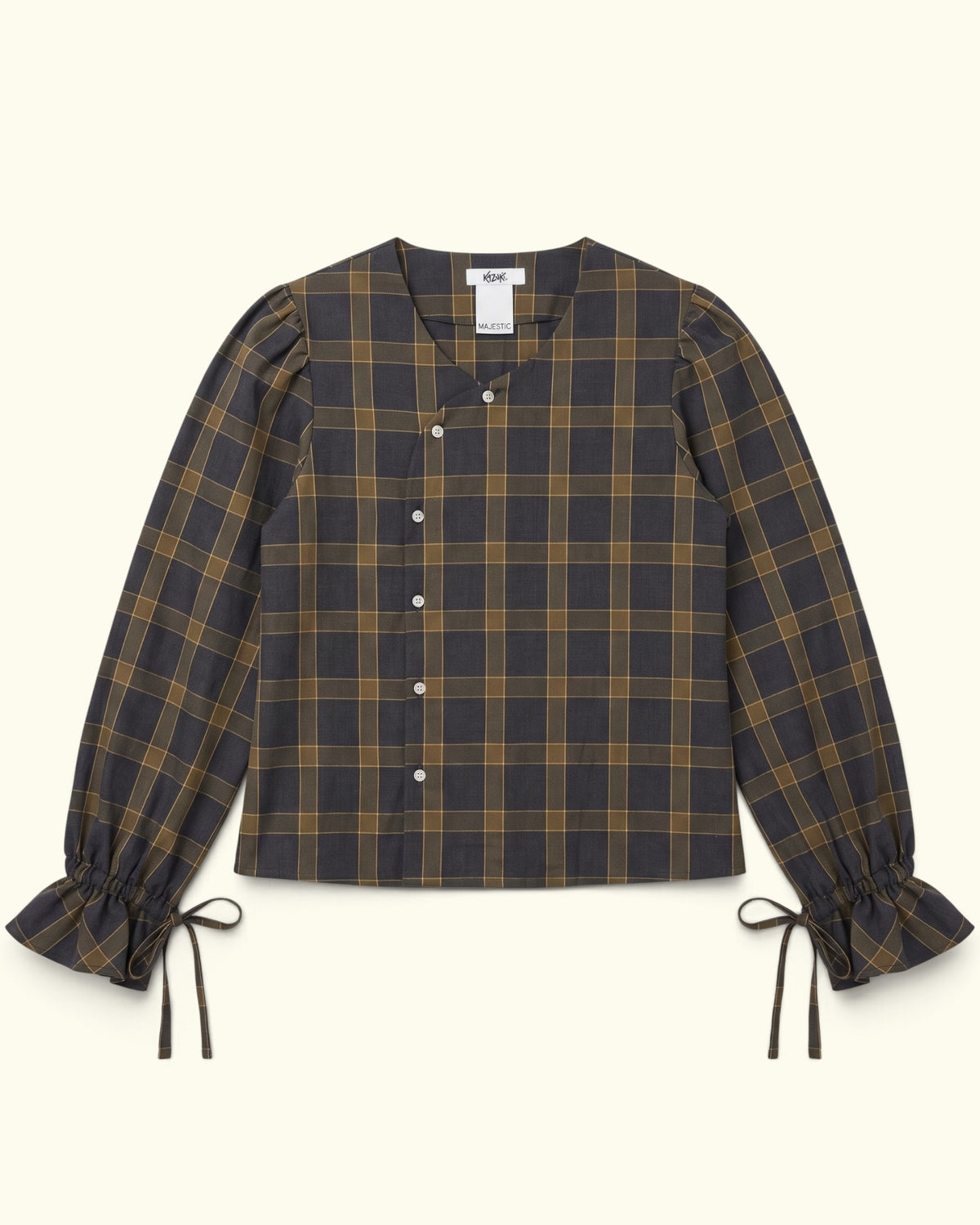 Tartan Dolly Long Sleeve grey and olive cotton blouse by Kazuki, front view with ruffled tie cuffs