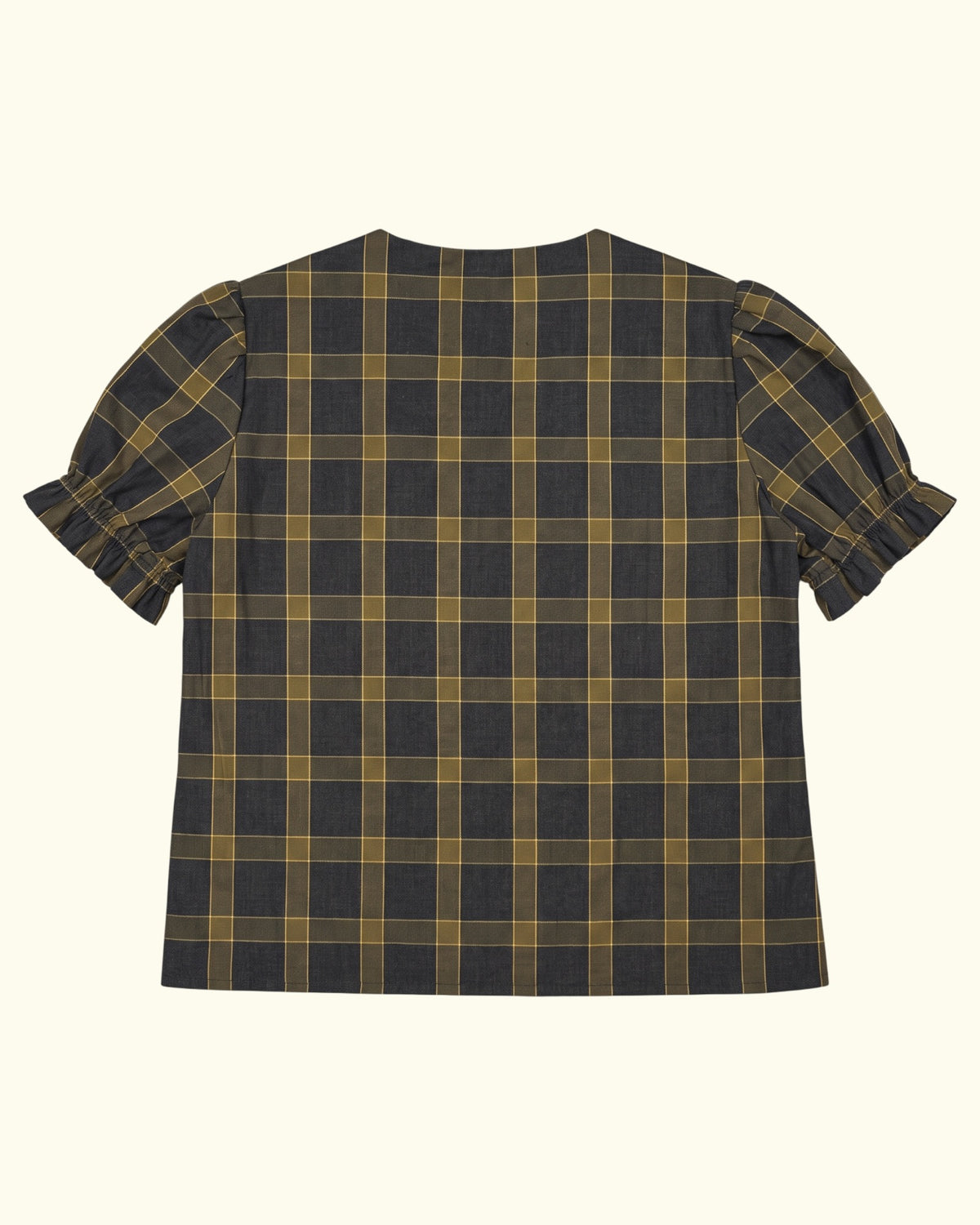 Tartan Dolly grey and olive cotton puff sleeve blouse by Kazuki, back view