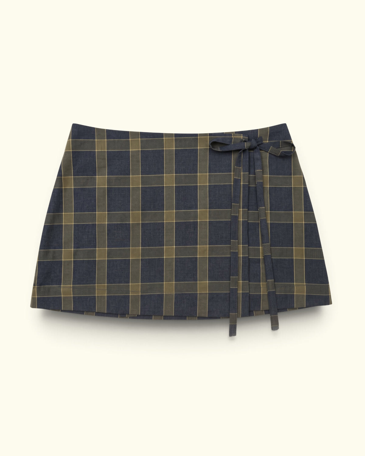 Tartan Tart grey and olive cotton wrap mini skirt by Kazuki, front view with side tie